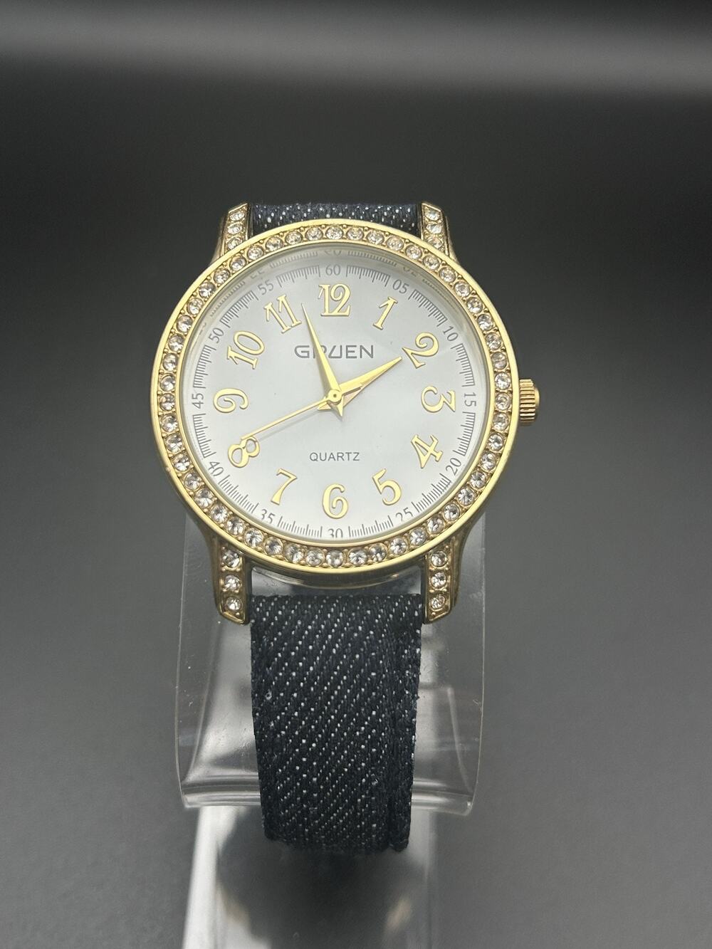 Gruen Womens Watch Crystal Bezel Gold Tone White Dial Denim Strap New Battery